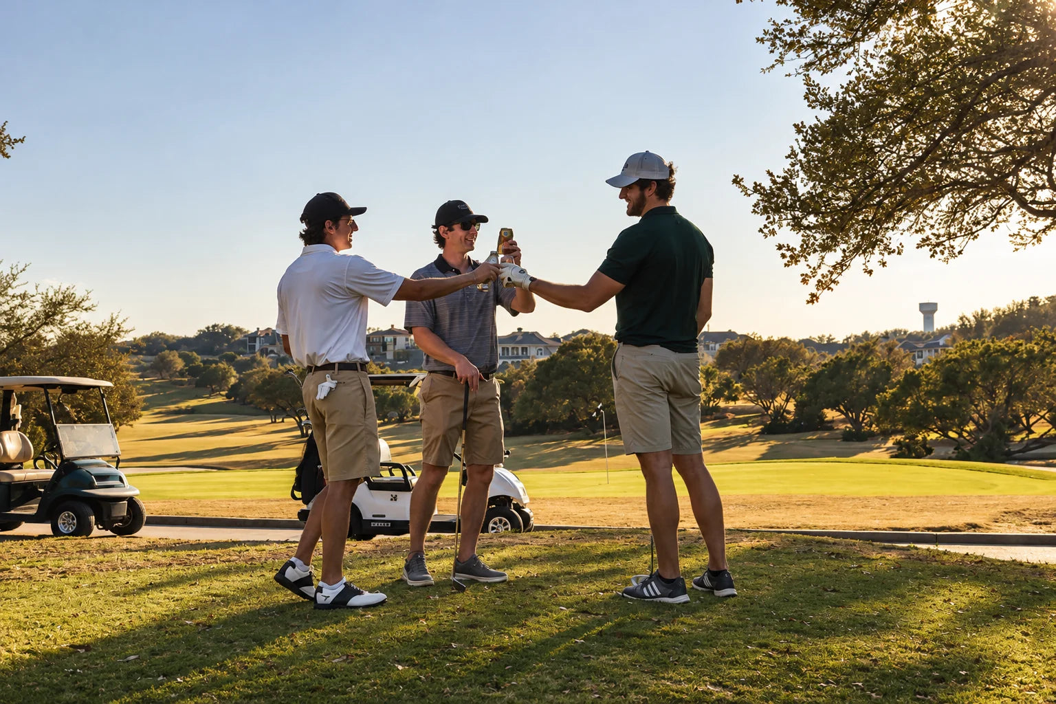 Three golfers toasting at golden hour