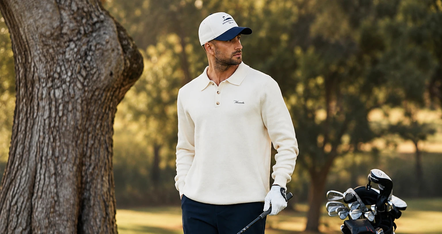 Golfer standing with his clubs beneath the trees