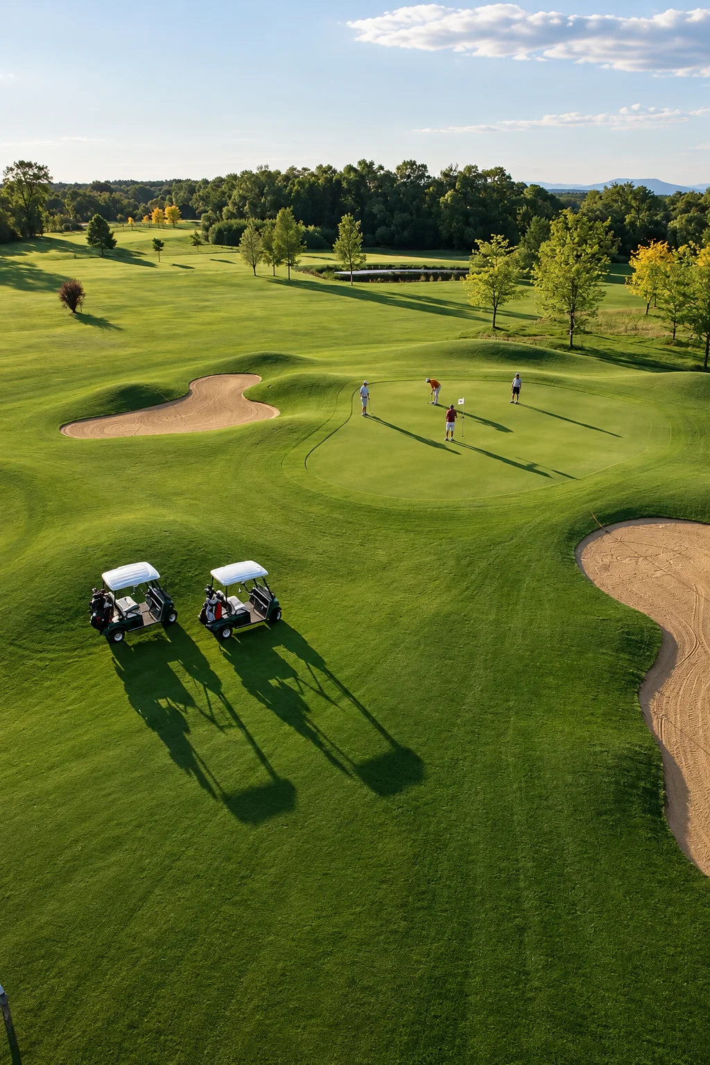 Wide golf course with golfers and golf carts at golden hour