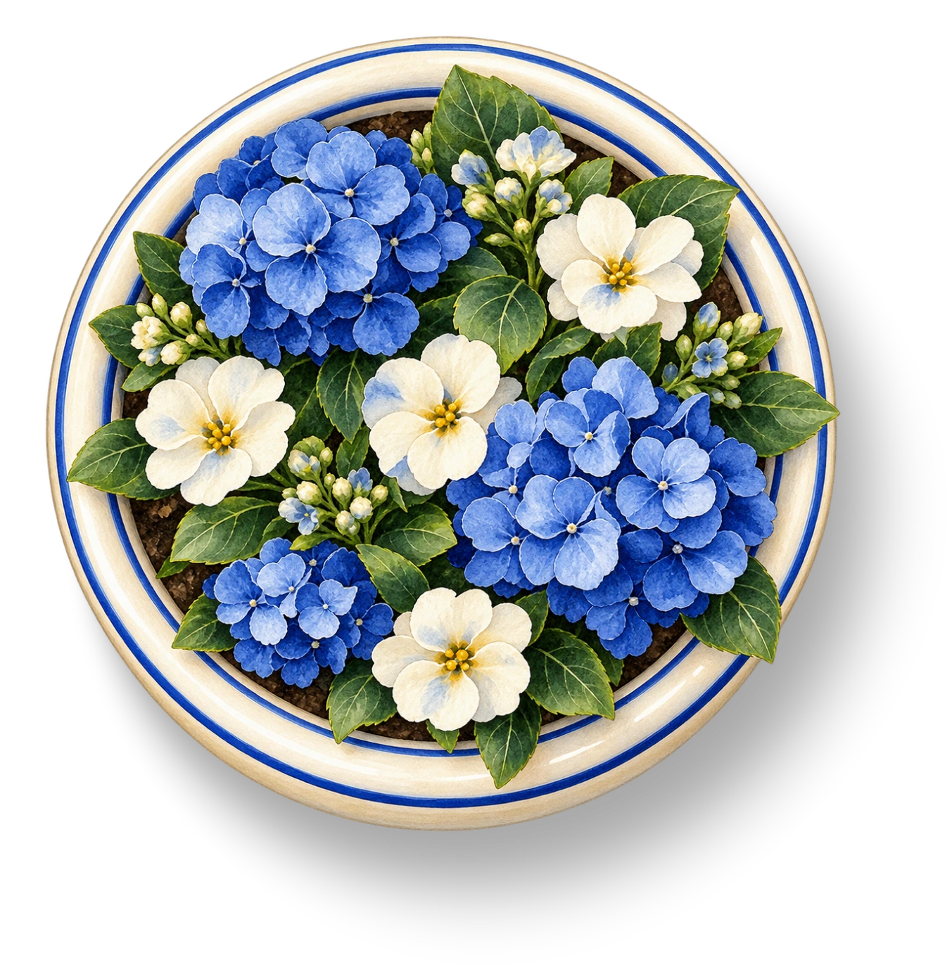 A porcelain dish filled with blue and ivory flowers
